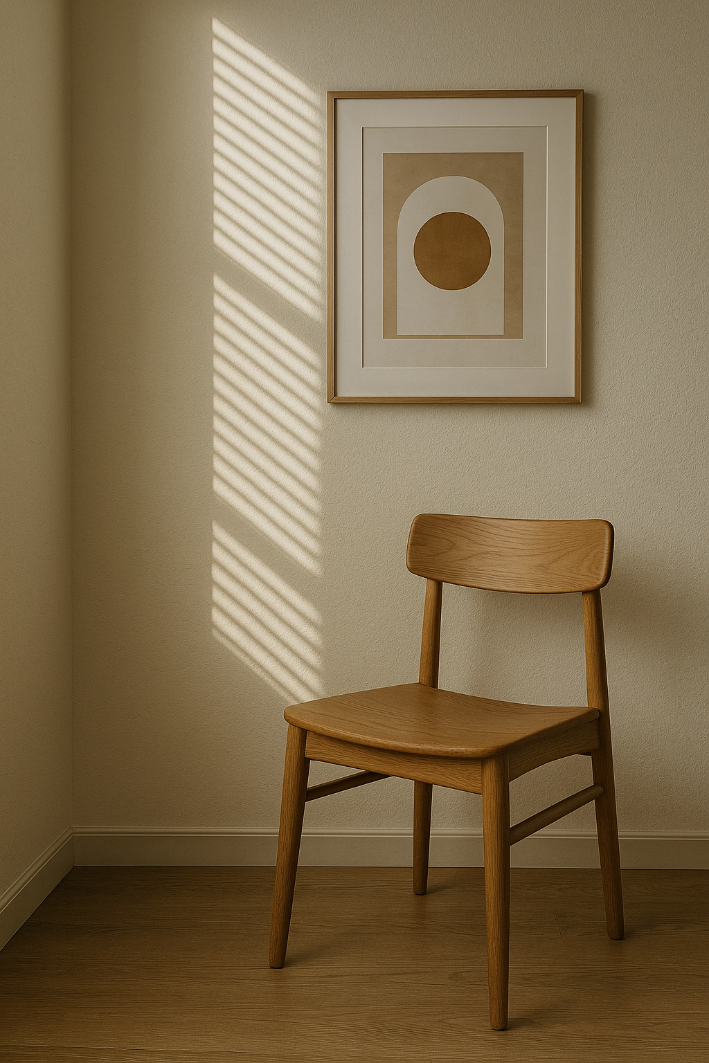 Cadeira de madeira minimalista em um canto de sala iluminada por luz natural filtrada através de persianas, criando um padrão de sombras na parede. Acima, uma obra de arte geométrica emoldurada complementa a paleta neutra. Composição equilibrada com foco suave, transmitindo uma atmosfera serena e contemporânea.